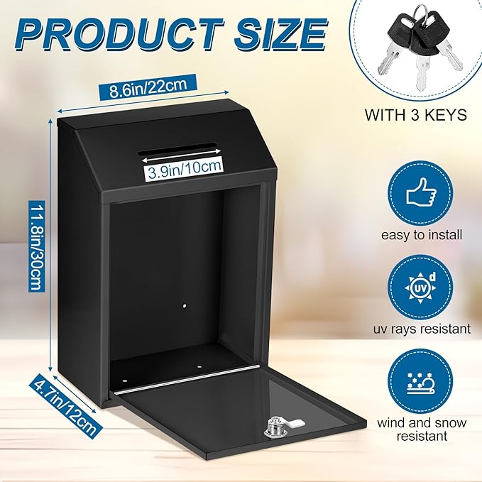 Metal Donation Cash Box Collection Safe Suggestion Box with Lock Wall Mounted Mailbox Delivery Ballot Container for Home Office Outdoor Door