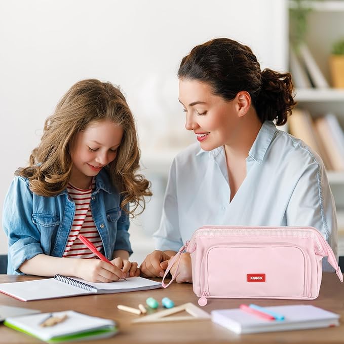 MAMUNU Pencil Case Pouch Large Capacity with Compartments, Pencil Case Pouch Bag with Zipper Handle for Teen Girls Adults Women, Portable Pen Bag Stationery Organizer for Office School Travel, Pink