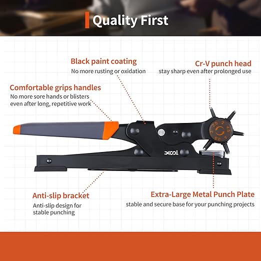 XOOL Revolving Punch Plier Kit, Leather Hole Punch Set for Belts, Watch Bands, Straps, Dog Collars, Saddles, Shoes, Fabric, DIY Home or Craft Projects, Heavy Duty Rotary Puncher, Multi Hole Sizes Make