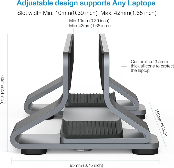 Aluminum Vertical Laptop Stand Dock Holder, Adjustable Slot Width 12-42mm, Space-Saving Upright Storage for MacBook and Laptops