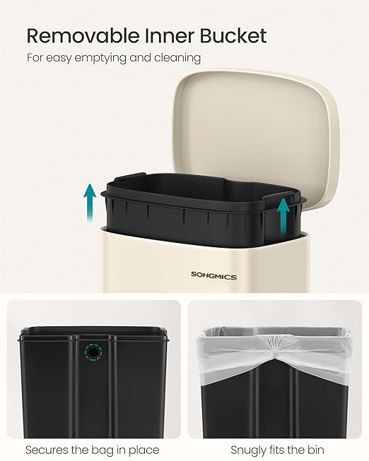 SONGMICS Trash Can with Lid, 8 Gallon Garbage Can, Stainless Steel Small Waste Bin with Step Pedal and Inner Bucket, Soft Close, Kitchen, Sand Beige ULTB003A01