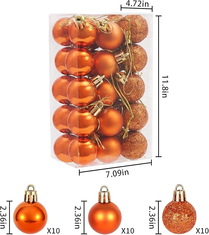 30ct Christmas Ball Ornaments, 2.36" Shatterproof Christmas Tree Decorations, Perfect Hanging Ball for Indoor/Outdoor Holiday Party Decor(Orange)