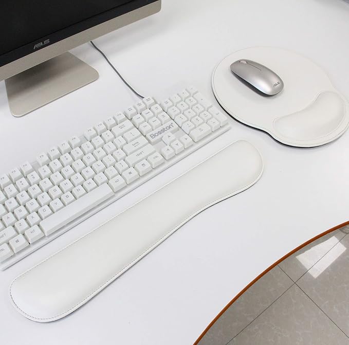 RICHEN Ergonomic PU Leather Keyboard Wrist Rest and Mouse Pad with Wrist Support, Memory Foam Set for Office and Gaming, Comfortable & Lightweight for Easy Typing & Pain Relief (White)