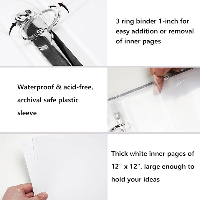 Vienrose 12x12 Inch Large 3 Ring Binder Scrapbook Photo Album, Linen Cover DIY Scrapbooks with 50 Sheets Plastic Sleeves 100 Pages Blank White Inner Pages for Wedding Birthday Baby Travel White