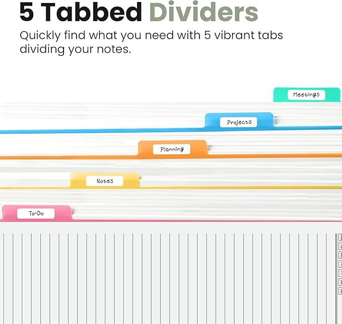 Hardcover Spiral Journal Notebooks for Work With Removable Dividers & Tabs, 8.5"x11" 5 Subject Notebook for Note Taking & Organizer, A4 College Ruled Lined Journal for Women & Writing, Green, 280 Pages