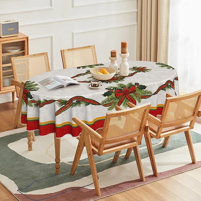 Horaldaily Christmas Tablecloth 60×84 Inch Oval, Poinsettia Golden Ribbon Washable Table Cover for Party Picnic Dinner Decor
