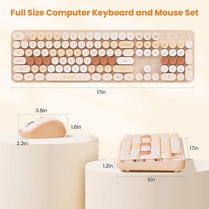 TECKNET Retro Typewriter Keyboard and Mouse Combo, Full Size 2.4G & Bluetooth Dual Mode Wireless Keyboard with Round Keycaps, Colorful Design, Ergonomic Adjustable Tilt, Spill-Resistant, for Windows
