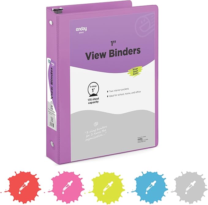 1 Inch 3 Ring Binder 1” Binder Purple Clear View Cover with 2 Inside Pockets, Colored School Supplies Office and Home Binders – by Enday