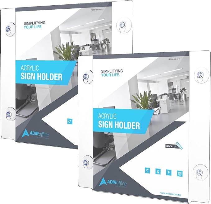 Adir Acrylic Sign Holder – Window Sign Holder with Suction Cups for Advertising and Promotion, Wall-Mount Display Frame, Clear Sign Holder Stand for Glass, Mall, Restaurants, Office - 2 pack (8.5x11 Inch)