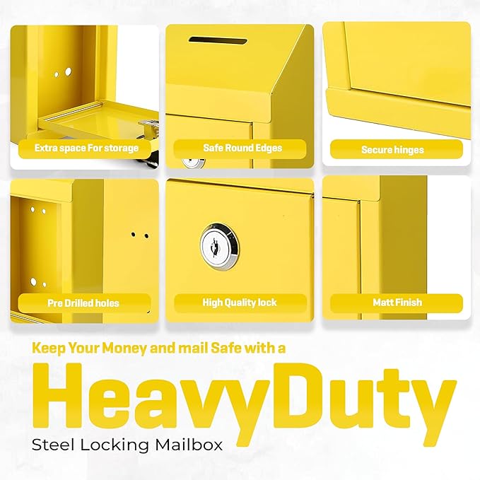 Metal Donation Box-Suggestion Box with Slot and lock-Cash Lock box for Money-Secure Drop Box-Comment and ballot voting box-comes with pre-drilled holes for easy wall mounting 10 X 6 X 2.5"(Yellow)