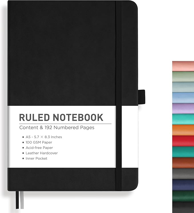 RETTACY Lined Journal Notebook, 192 Numbered Pages, A5 Medium Size (5.7'' x 8.3''), for Men & Women, Journaling, Writing, Work & Office, Leather Hardcover, 100 GSM Thick Paper (Black)