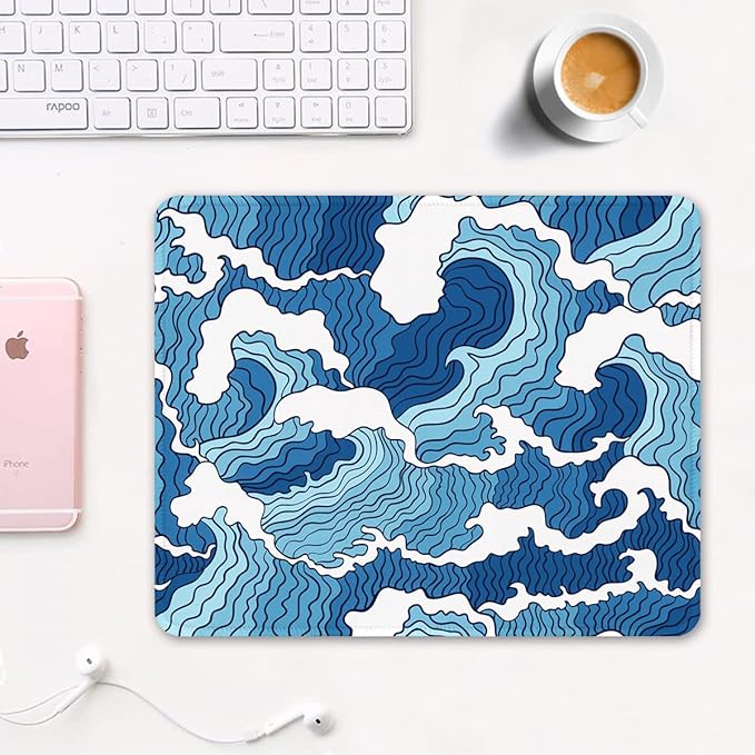 Auhoahsil Mouse Pad, 12 x 10 in Japanese Style Wave Computer Mouse Pad for Desk, Premium-Textured Non-Slip Rubber Stitched Edges Waterproof Square Mouse Mat for Gaming Work Wireless Mice, Blue