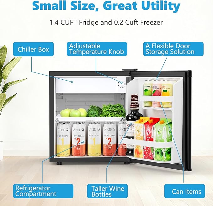 COWSAR 1.6 Cu.Ft Compact Fridge with Freezer, Compact Refrigerator with 7 Temperature Settings, Energy-efficient Low Noise Small Refrigerator Suitable For Dorm, Office, Bar, RV, Bedroom,Commercial