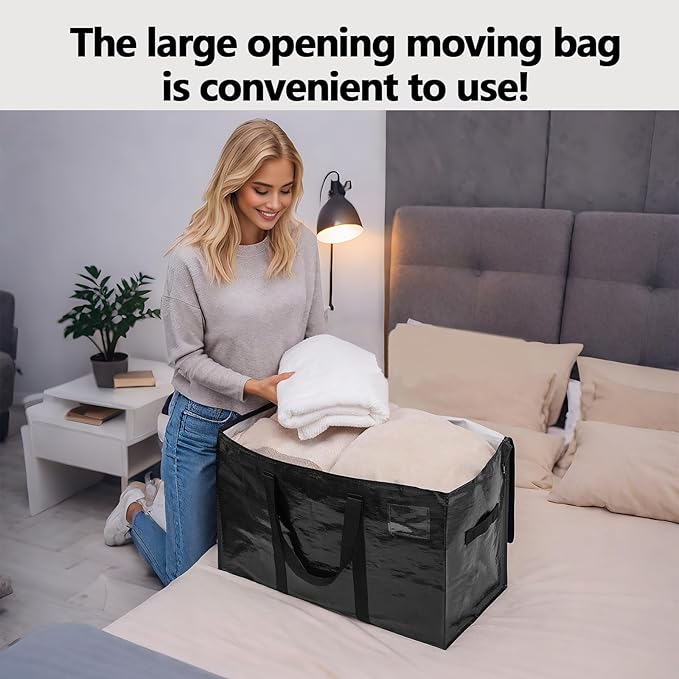 12 Pack Waterproof Moving Bags with Strong Zippers and Reinforced Handles, Real 100lb Capacity Extra Heavy Duty Large Storage Totes for Packing & Moving Storing, Alternative to Moving Boxes -95L,Black