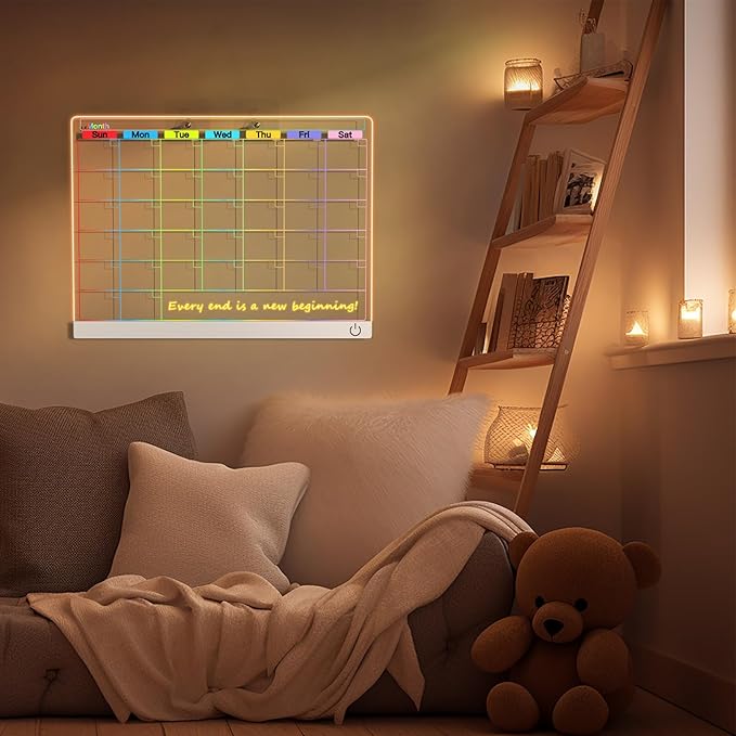 Acrylic Dry Erase Board Calendar with Light, 13.7"X10" LED Note Board with 6-Color Neon Glow Memo Monthly Planning Board for Gift/Room/Office/Wall with Stand, 7 Markers, White