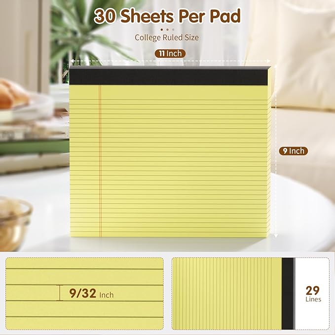 11" x 9.5" Legal Pads College Ruled Notepad 2 Pack White & Yellow Colored Note Pads 30 Sheets Lined Paper Pads 80 GSM Legal Pad 9/32 Inch Writing Pads with Sturdy Back for School, Office, Home