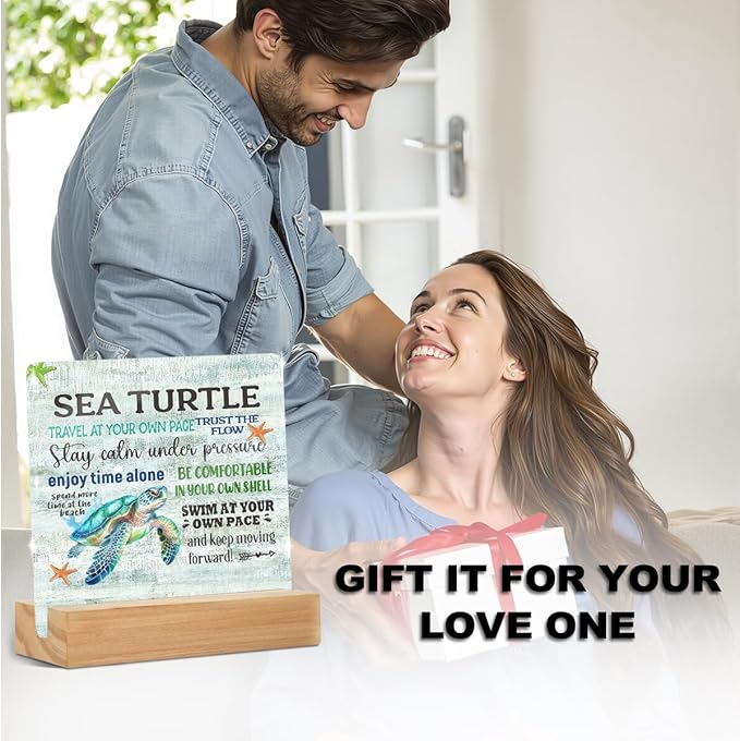 Sea Turtle Decor Desk Acrylic Sign 4x4 inch, Beach Decorations for Home Bedroom Bathroom, Inspirational Gifts for Women Men Coworkers, Mental Health Table Top Shelf Gadgets Cubicle Accessories