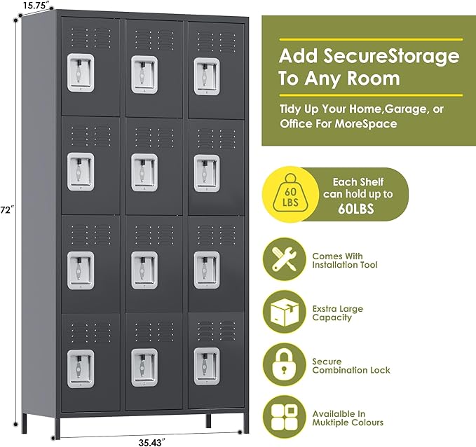 Metal Lockers for Employees with 12 Door and 12 Hooks,Metal Storage Locker with Lock for School Office Gym Bedroom,Assembly Required,Dark Grey