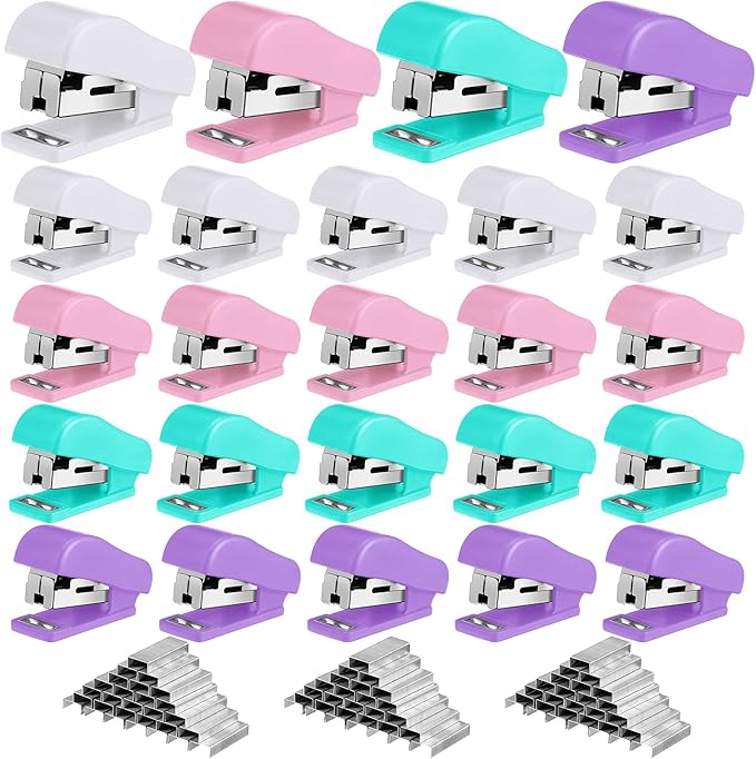 Fainne Mini Stapler with Staples, Portable Multicolor Small Stapler, Hand Held Desk Staplers, Cute Office Supply Set for Office College, 4 Colors (Fresh Color,24 Pcs)