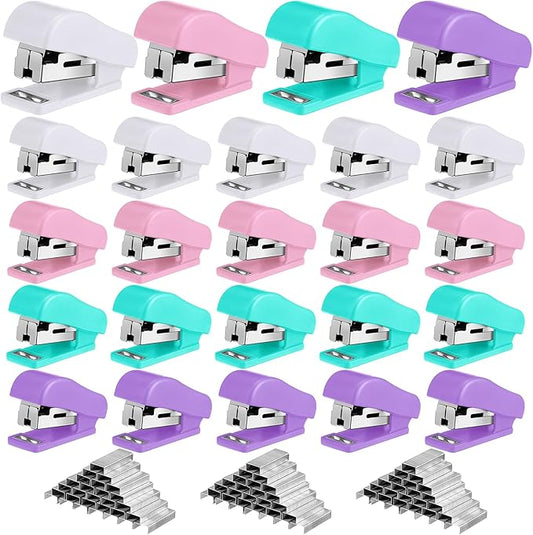 Fainne Mini Stapler with Staples, Portable Multicolor Small Stapler, Hand Held Desk Staplers, Cute Office Supply Set for Office College, 4 Colors (Fresh Color,24 Pcs)