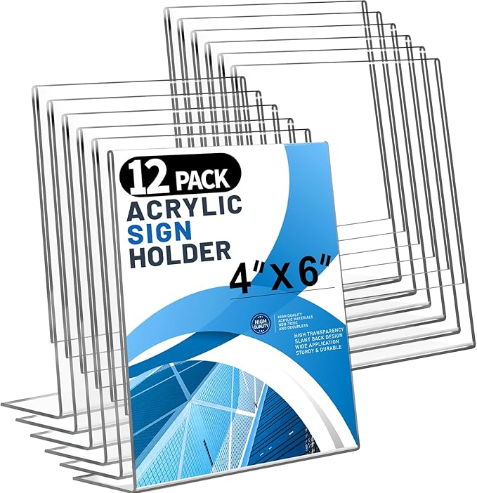 Aheroi 12Pcs Acrylic Sign Holder, 4x6 Clear Sign holders Paper Stand, L-shape Table Sign Holders Plastic Sign Holder Standing, Paper Display Stand for Menu Document Holder Office Desktop