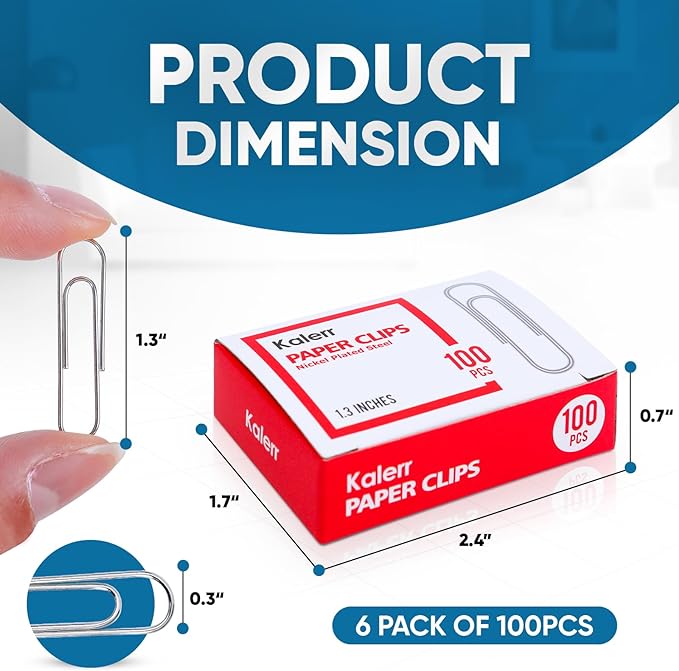 Paper Clips, 600 Pcs Paperclips (6 Boxes of 100 Each), Premium Paper Clip, 1-2/7" Silver Paper Clips Medium (1.3 Inches), Rustproof Metal Paper Clip for Office, School, Home