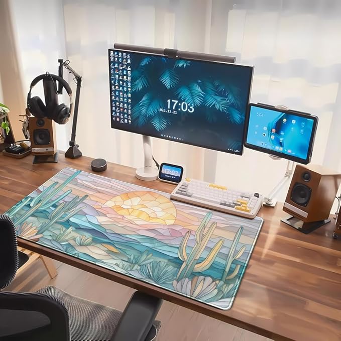Desk Mat Gaming Abstract Ocean Desk Pad Large Mouse and Keyboard Pad, Faux Stained Glass Sun & Waves Mouse Mat XXL Desk Protector, Computer Mats for Desktop Sun & Waves Office Decor 31.5" X 15.7"