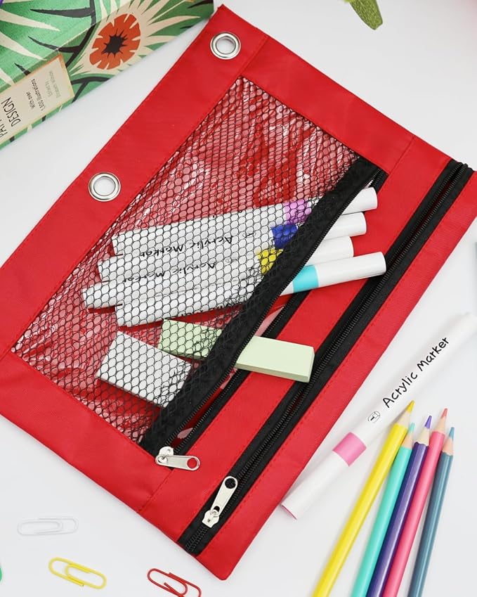3 Ring Binder Pencil Pouch - School Pencil Case with 2 Zippered Pockets, Clear Mesh Window Pencil Bag, B5 Size, Back to School Gifts (Red)
