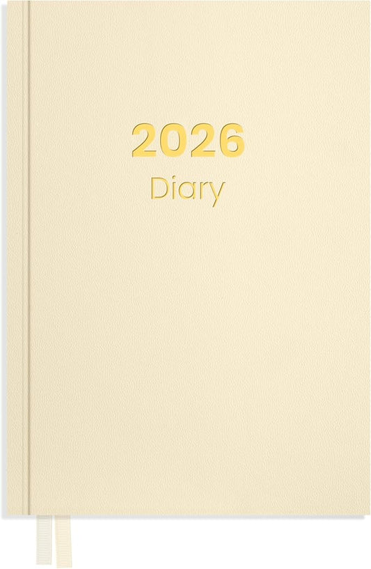 SUNEE 2026 Diary Journal Hardcover - Daily Planner Organizer for Work & School - Daily Page Layout with Holidays, Notes, Contacts - Agenda for Women & Men, Beige