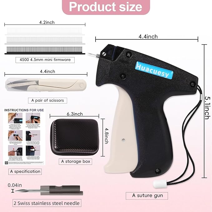 Clothing Sewing Gun - Portable Sticky Gun for Clothes with Storage Box and 4500 Black/White/Transparent Fasteners