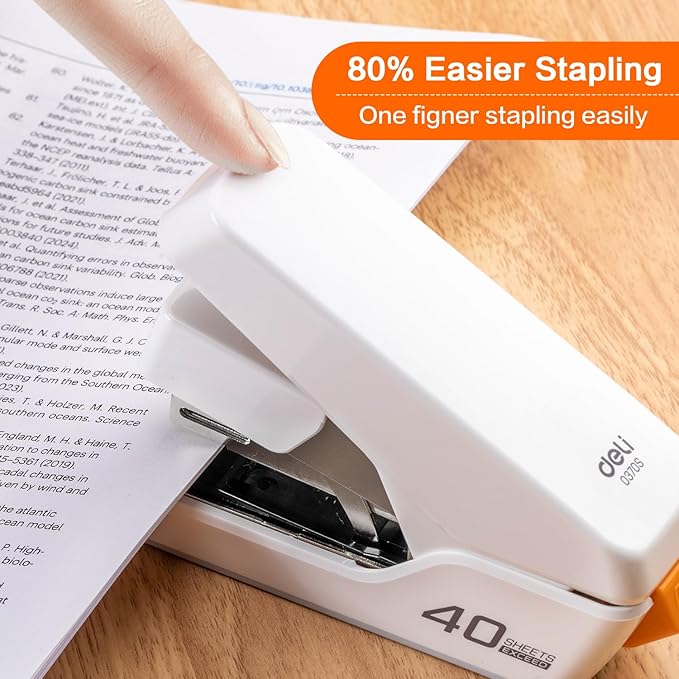 Deli Stapler, Effortless Staplers for Desk, 40 Sheet Capacity Heavy Duty, One Touch, No Effort, Easy to Load, with 2000 Staples & Staple Remover, Good for Office, Home Use, White