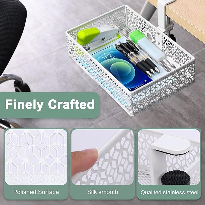 ROSYLIN Heavy Duty Clamp On Under Desk Drawer Organizer Storage Tray Basket with Non-Slip Pad Hanging Mount for Home Office Studio Bedroom or Dorm (white)