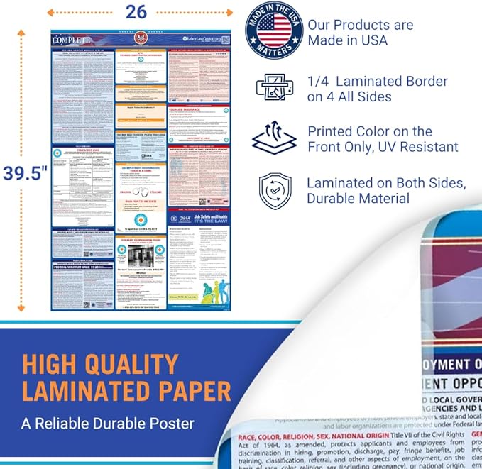 Delaware Labor Law Poster 2025- State, Federal, OSHA Compliant - Workplace Required Posting for Employees - Spanish OSHA Poster - UV Laminated Waterproof - 26” x 39.5” - Spanish
