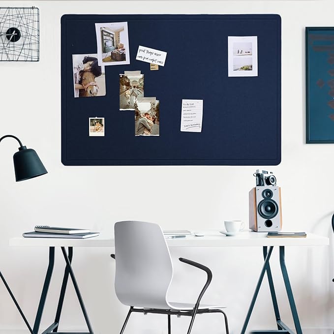 Large Bulletin Board - 48 x 36 Inches, Decorative Felt Pin Board for Wall - 4' x 3' Foldable Photo Display Board with Self-Adhesive Tape, Includes 20 Push Pins - Dark Blue