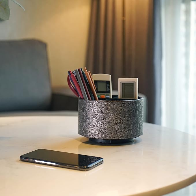 lizimandu Round Leather Art Supply Organizer,Remote Control Holder,360 Degree Spinning,Multi-Functional Pencil Holder,4 Compartments Desktop Stationary Organizer(1-Grey)