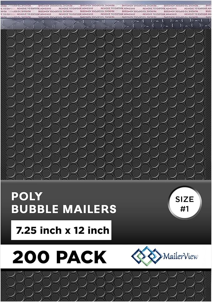 Black Poly Bubble Mailers 7.25x12 inch #1 | Self Seal Padded Envelopes | Cushioned Bubble Mailer | Usable Size 7.25x11 | WaterProof | Lightweight mailing Shipping Bags | 200 Pack Bulk | Made in USA