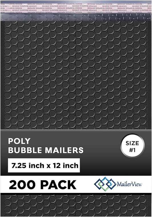 Black Poly Bubble Mailers 7.25x12 inch #1 | Self Seal Padded Envelopes | Cushioned Bubble Mailer | Usable Size 7.25x11 | WaterProof | Lightweight mailing Shipping Bags | 200 Pack Bulk | Made in USA