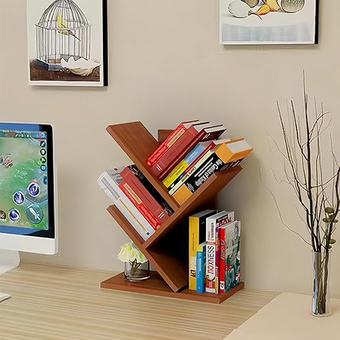 Godferyxin Tree Bookshelf,Desktop Book Shelf,3 Tier Wood Mini Bookshelf and Book Tree for Office, Home or School Desk Book Shelf for for Displaying Books, CDs, Magazines Wood Storage Rack
