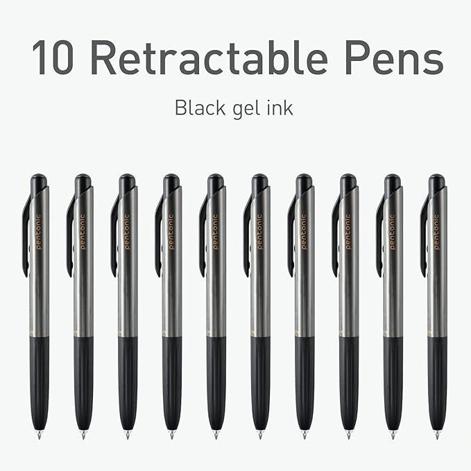 Pentonic GR-T Retractable Gel Pens, 10 Count, Black Ink, 0.7 mm Fine Point, Smooth Writing For Journaling, Note Taking, Office & School (1002363)