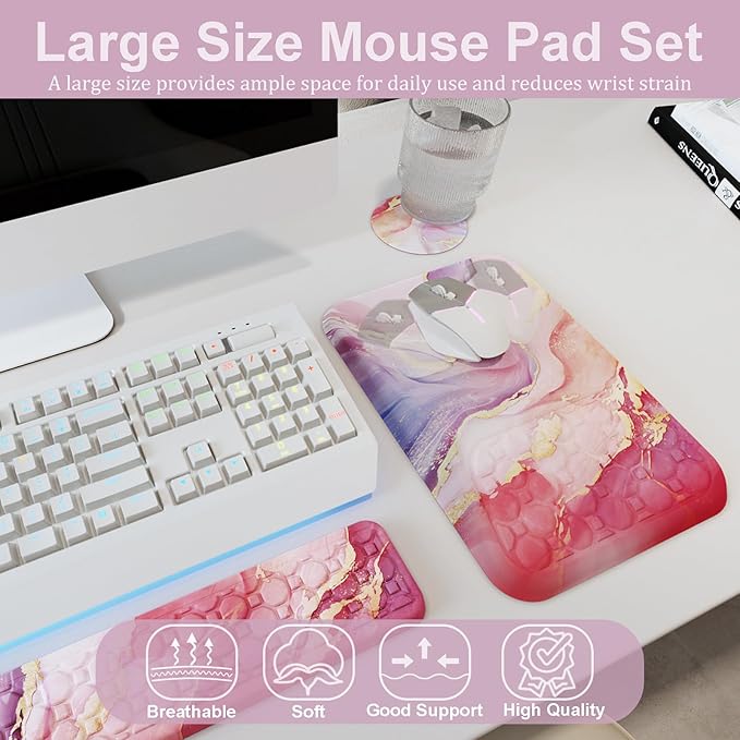 Ospelelf Ergonomic Mouse Pad and Keyboard Wrist Rest Support, Wrist Rest for Computer Keyboard, Office, Gaming, Pink
