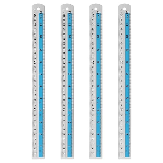 HARFINGTON 4pcs Metal Straight Ruler 30cm Metric SAE Aluminum Alloy Measuring Rulers Scale Tools with Hole for Measure Study Reading Classroom Office, Blue