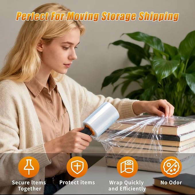 BETU Plastic Wrap Stretch Film for Moving Supplies 5inch X 1000ft, Shrink Wrap Stretch Roll Industrial for Furniture Wrapping Shipping Pallet Moving Boxes Storage with Handles, 4 Pack, Clear