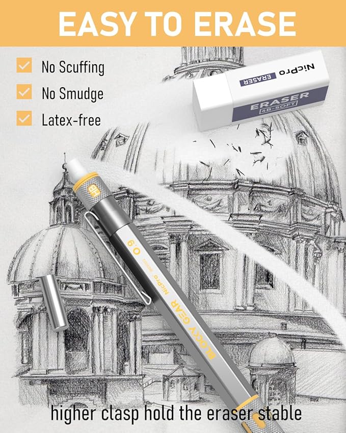 Nicpro Blocky Gear 0.9 mm Mechanical Pencils Set in Case, Metal Pencil with 0.9mm HB Lead Refills, Eraser for Professional & Adult Art Writing Drafting Drawing