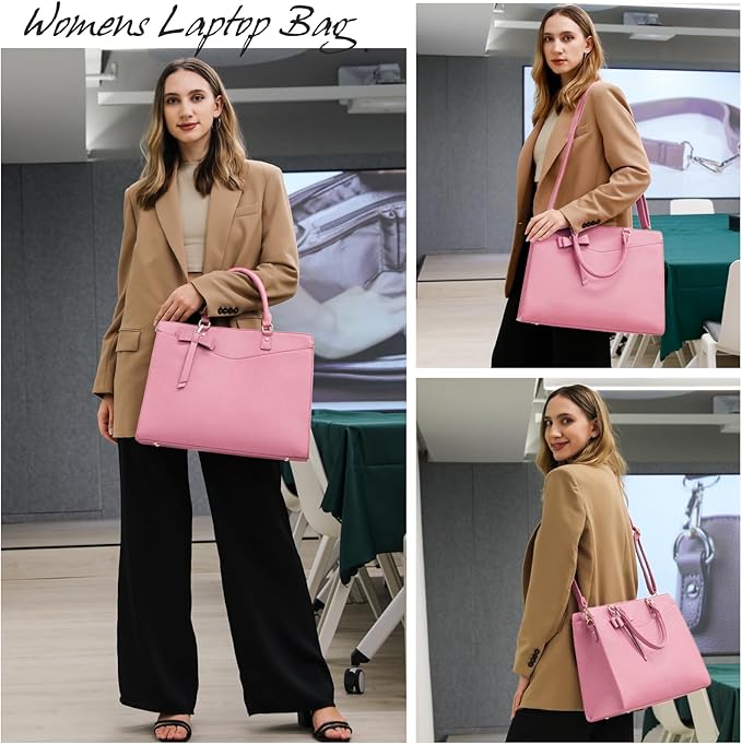 RAINSMORE Laptop Bag for Women 15.6 Inch PU Tote Bag Business Office Work Bag Waterproof Briefcase Computer Tote Lightweight Handbag Shoulder, Pink