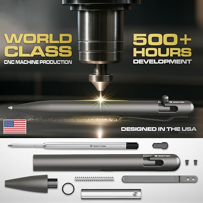 BASTION® Luxury Bolt Action Pen, Durable Professional Ballpoint Pen with Fine Tip, EDC Pen Ink Refillable Pen - Titanium Gray