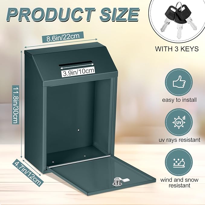 Metal Donation Cash Box Collection Safe Suggestion Box with Lock Wall Mounted Mailbox Delivery Ballot Container for Home Office Outdoor Door(Green,11.8 x 8.6 x 4.7 Inch)