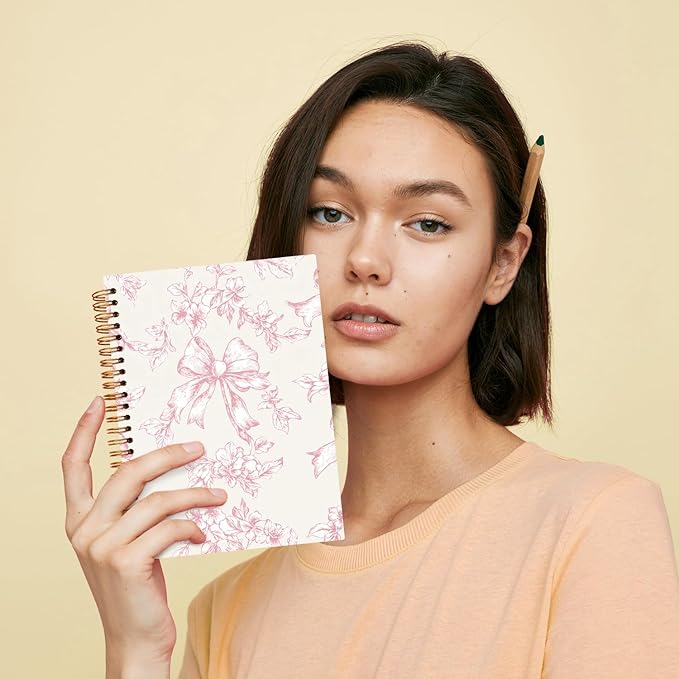JXREQ Pink Bow Floral Chinoiserie Notebook Journal for Women Note Taking Writing Bible Notes, Coquette Aesthetic Office School Supplies, Girly Spiral Notebooks 5.5x8.3
