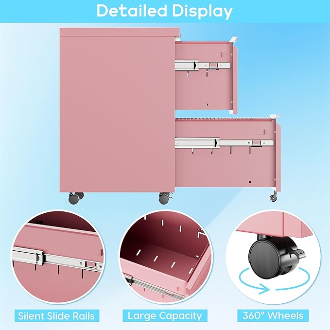 Aobabo 2 Drawer File Cabinet, Lockable Metal Filing Cabinet with Wheels for Home Office, Legal/Letter Size, Fully Assembled Except Wheels, Pink