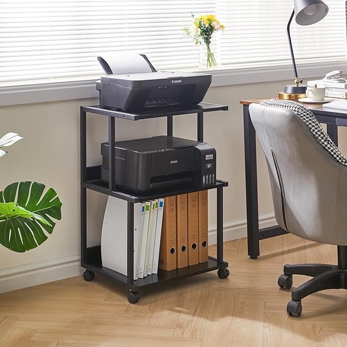 IBUYKE Black Printer Stand with Storage Shelf,3 Tier Printer Table with Wheels,Printer Cart for Home Office Organization, Rolling Cart Stand for Heat Press Microwave and Mini Fridge TPS001B