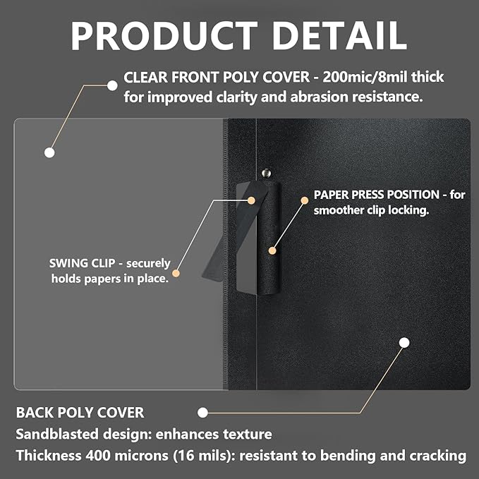 TOTiyea 25 Pack Clear Report Covers with Swing Clip, File Folder with Swing Clip, 30 Sheets Capacity, Slide Locking Report Covers, Letter Size (Black, 25 Pack)